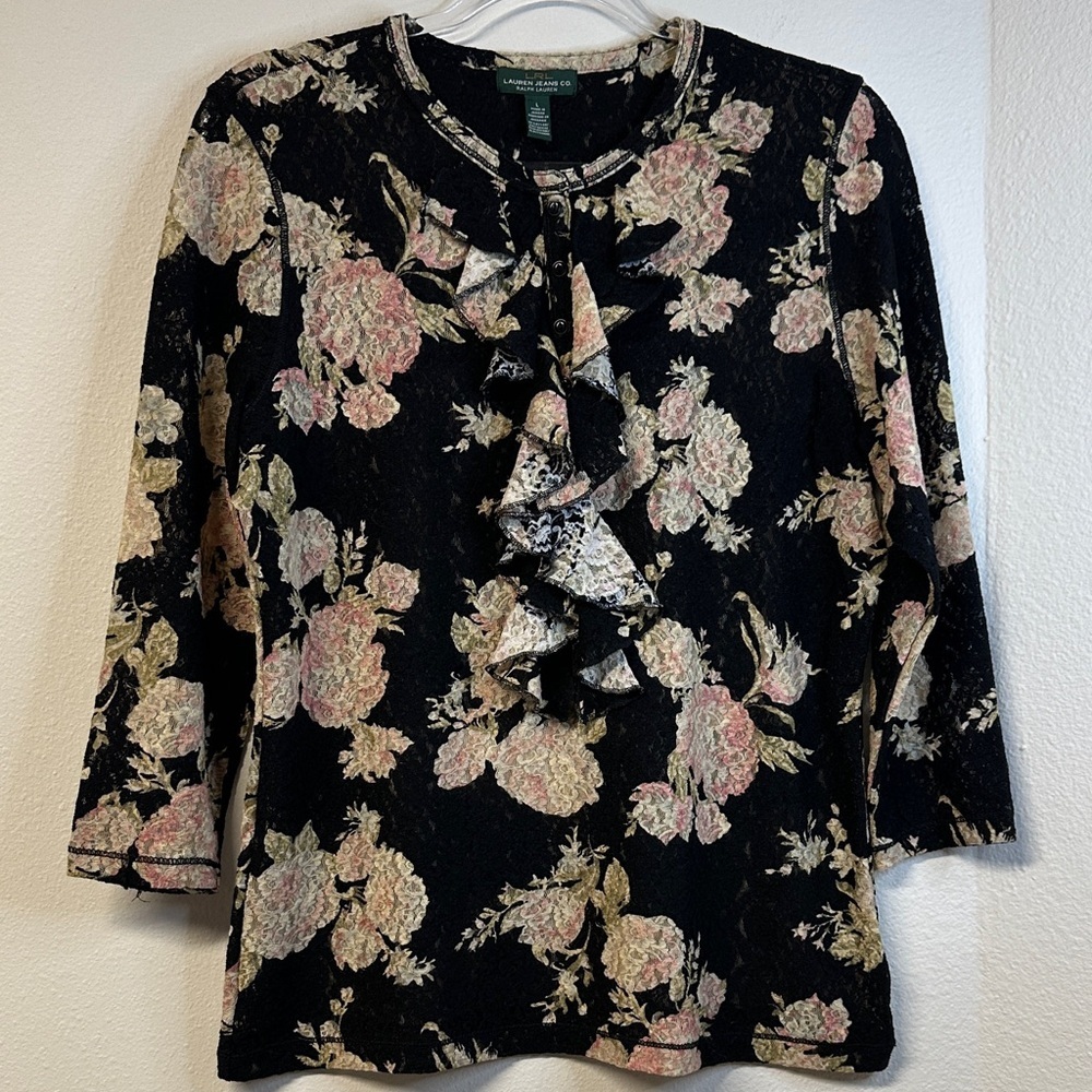 LRL Lauren Jeans Co Black Lace Sheer Floral Ruffle Front Top Size L